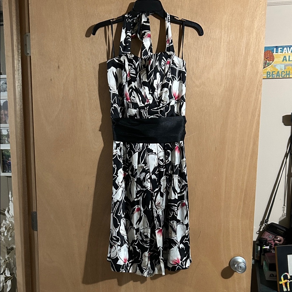 White House Black Market Black & White Floral Halter Dress with Pink Accents
